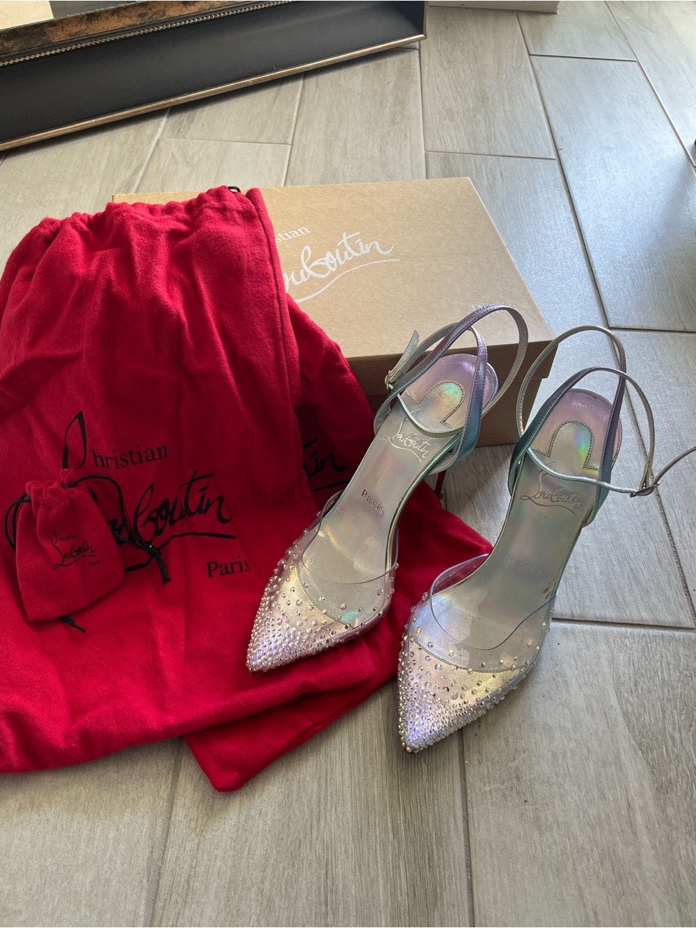 Christian Louboutin Spikaqueen 100 Crystal PVC Iridescent Pumps Size 36